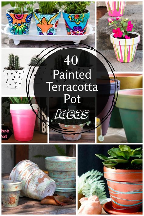 A collage of painted terra cotta pots from aged look to bright and colorful. Painted Terra Cotta Pots Ideas Design, Diy Terra Cotta Pots Paint, Terracotta Pot Decorating Ideas, Terracotta Pot Painting Ideas Boho, Decorate Terracotta Pots, Decorated Terra Cotta Pots, Plant Pot Designs Paint, Terracotta Pots Painted Diy Ideas, Clay Pot Decorating Ideas