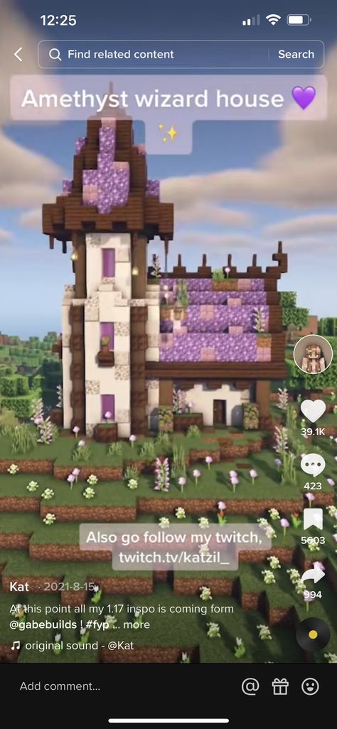 Minecraft House With Amethyst, Mincraft Idea Houses Tower, Mc Amethyst Builds, Cute Witch Hut Minecraft, Minecraft Amethyst Builds House, Minecraft Magical Building Ideas, Magical Minecraft Builds Easy, Minecraft Amethyst Tower, Minecraft Crystal House