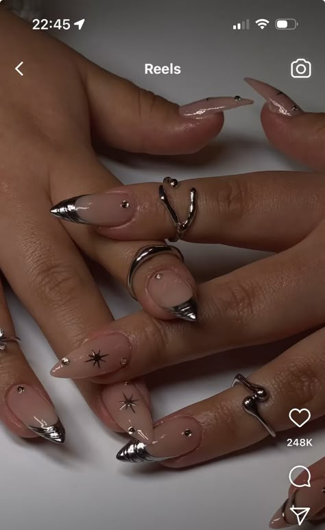 Nessa Barrett Nails Ideas, Nails Rings Aesthetic, Birthday Gel Nails Ideas Sparkle, Witchy Vibes Nails, Concert Nail Designs, Nails 2024 French, Eras Tour Nails Ttpd, Birthday Nails With Rhinestones, Nails Acrylic With Gems