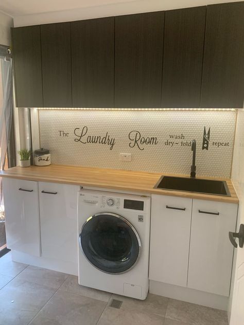 Laundry makeover with Kaboodle cabinetry | Bunnings Workshop community Kaboodle Laundry, Tiled Splashback, Timber Benchtop, Laundry Makeover, Laundry Room Renovation, Room Renovation, Move On, Blue And Yellow, The Project