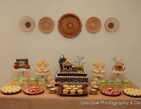 "Bahay Kubo" Filipino Themed Party Filipino Birthday Party Food, Filipino Themed Party, Filipino Birthday Party, Filipino Food Party, Filipino Birthday, Filipino Christmas Recipes, Bamboo Centerpieces, Filipino Party, Halloween Dessert Table