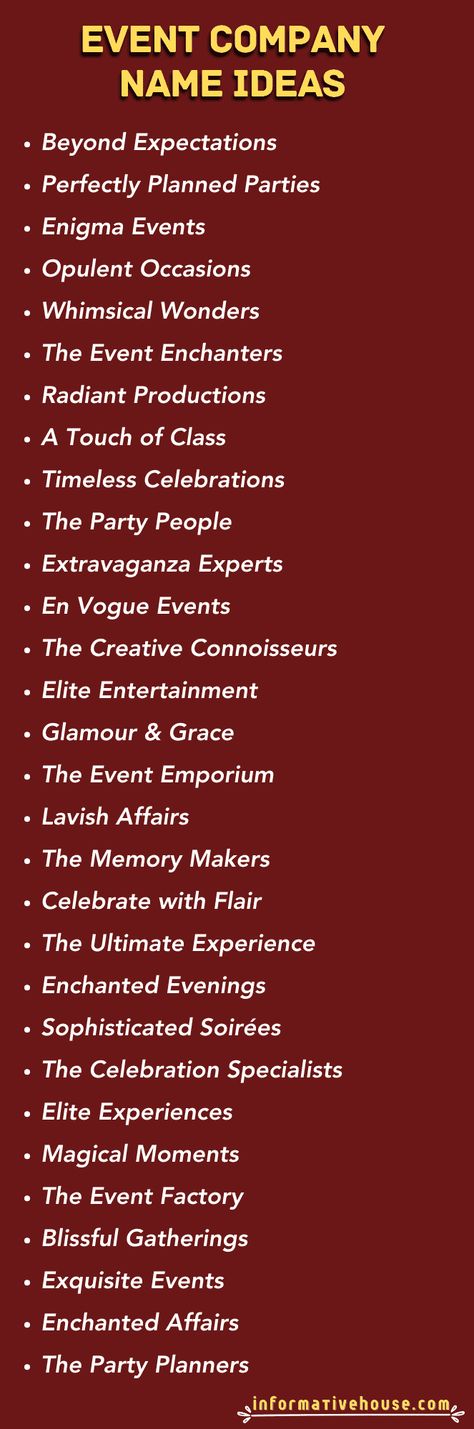 499+ The Most Unique Event Company Names Ideas! Names For Event Planning Business, Unique Event Company Names Ideas, Event Organizer Name Ideas, Event Management Names Ideas, Event Planning Business Names Ideas, Event Planner Names Ideas, Event Company Names Ideas, Event Name Ideas, Party Names Ideas