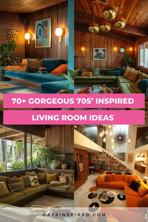 From iconic shag carpets, to conversation pits, to eclectic patterns, the ’70s decor trend takes center stage in today’s interior design landscape. In this blog post, we’ve rounded up over 70 ’70s-inspired living rooms that effortlessly blend retro charm with modern elegance. Whether you’re planning a full-blown home makeover or just seeking to add a touch of retro flair to your space, these living rooms showcase the versatility and enduring appeal of ’70s design. 1978 Interior Design, 70s Aesthetic Decor Retro, Retro Interior Design Living Rooms, 1970 Home Interior, 70s Decor Ideas, 70s Wood Paneling Living Room, 70s Hangout Room, 70s Chic Interior Design, 70 Decor Interior Design