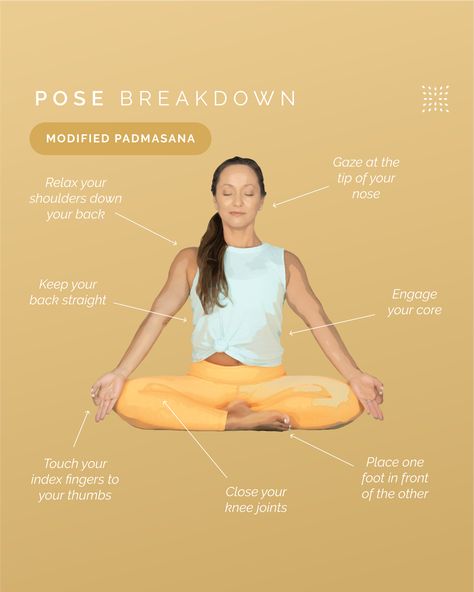 Modified Padmasana Pose Breakdown 💫 ft. Kino MacGregor

✨ Close your knee joints
✨ Place one foot in front of the other
✨ Engage your core
✨ Keep your back straight
✨ Relax your shoulders down your back
✨ Touch your index fingers to your thumbs
✨ Gaze at the tip of your nose

💛 Head to our new pose tutorial blog post! Padmasana Pose, Pose Tutorial, Ashtanga Primary Series, Kino Macgregor, New Pose, How To Release Anger, Teacher Interviews, Gratitude Meditation, Yoga Illustration