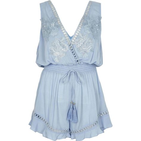 Blue applique beach playsuit Blue Playsuit, Beach Playsuit, Dress Code Casual, Black Playsuit, Pastel Outfit, Fashionable Outfits, Womens Playsuits, September 23, Summer 24