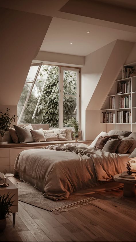 Cozy bedroom with a large window, built-in bookshelf, and a comfortable bed facing a leafy outdoor view. Calm Cozy Bedroom Aesthetic, Cozy Big Bedroom, Cozy Light Bedroom, Big Cozy Bedroom, Warm Cozy Bedroom, Modern Cozy Bedroom, Cozy Bedroom Decor Ideas, Cozy Bedroom Aesthetic, Cozy Bedroom Decor