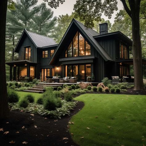 3+ Dark Green Exterior House Color Ideas for a Nature-Inspired Home • 333+ Inspiring Lifestyle Ideas Mountain Contemporary Home Exterior, Moody Barndominium Interior, Modern Stone Cottage, Dark Green Exterior House, Dark Green Exterior House Colors, House Color Ideas, Dark Green Exterior, Green Exterior House, Green Exterior House Colors