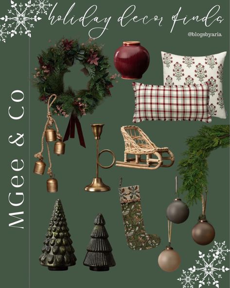 Red Green Natural Christmas Decor, Hunter Green And Black Christmas Decor, Dark Green And Black Christmas Decor, Mcgee And Co Holiday, Burgundy And Green Christmas Decor, Earth Tone Christmas Decor, Magee And Co, Mcgee And Co Christmas, Christmas Mood Board