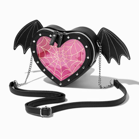 Claire's Bat Wings Web Heart Shaped Crossbody Bag Gothic Bags Backpacks, Bat Wing Accessories, Heart Themed Clothes, Pink Goth Accessories, Bat Accessory, Weird Bags, Bats Drawing, Draculaura Halloween, Pearl Market