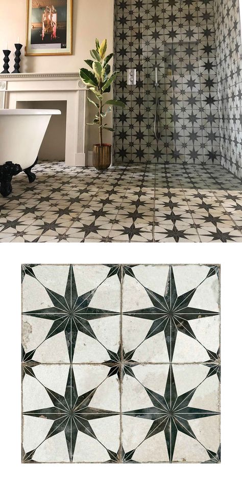 Star Floor Tiles Bathroom, Scintilla Tiles, Patterned Bathroom, Patterned Bathroom Tiles, Bathrooms Design, Her Bathroom, Tiled Hallway, New Bathroom Ideas, Patterned Floor Tiles