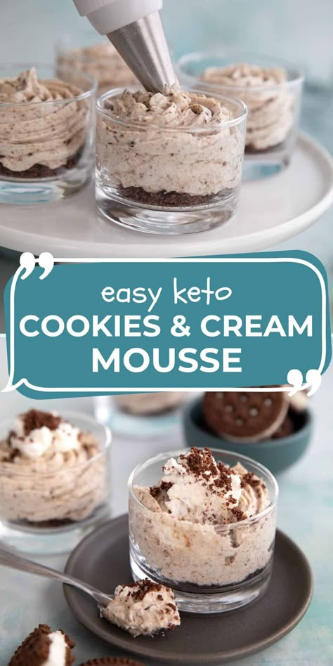 Keto Cookies and Cream! This easy keto mousse is creamy, sweet, and full of sugar-free chocolate cookie chunks. And ready in less than 20 minutes! Keto Cookies And Cream, Cookies And Cream Mousse, Keto Puddings, Keto Balls, Keto Mousse, Castle Dollhouse, Keto Pudding, Easy Keto Dessert, Thm Desserts