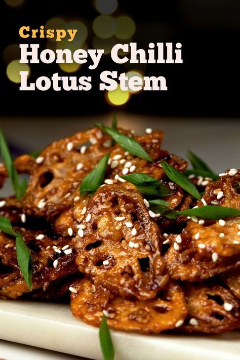 Lotus Stem Recipe Chinese, Lotus Stem Recipes Indian, Garlic Stems Recipe, Lotus Stem Recipe, Vegan Korean Food, Veg Meals, Garlic Honey, Starter Recipe, Spicy Snacks Recipes