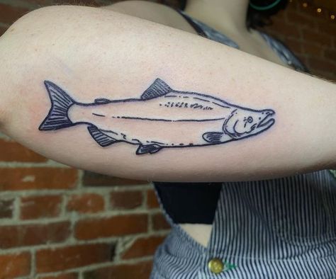 Small Salmon Tattoo, Salmon Tattoo Design, Salmon Tattoo Simple, Chinook Salmon Tattoo, Sockeye Salmon Tattoo, Salmon Skeleton Tattoo, Line Work Fish Tattoo, Washington State Tattoos, Salmon Tattoo