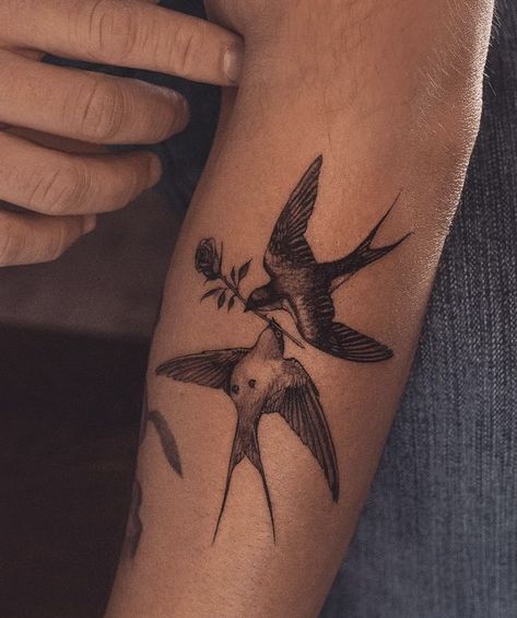 Bird Inner Arm Tattoo, Swooping Bird Tattoo, Vintage Items Tattoo, Different Bird Tattoos, Wounded Bird Tattoo, Male Bird Tattoo, Swallow Tattoo Placement, Birds On Arm Tattoo, Bird Holding Flower Tattoo