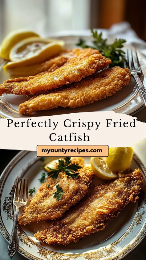 Savor the taste of our Perfectly Crispy Fried Catfish, a classic Southern dish that’s easy to make! This recipe features fresh catfish fillets dredged in a seasoned cornmeal mixture, then fried until crispy and golden brown. It’s ideal for family dinners or gatherings, served with hushpuppies and a side of remoulade for dipping. Enjoy this mouthwatering dish that captures the essence of Southern cuisine! Catfish Sides Dishes, Crispy Fried Catfish, Fried Catfish Recipe, Catfish Fillets, Fried Catfish Recipes, Catfish Recipe, Catfish Recipes, Fried Catfish, Southern Dishes