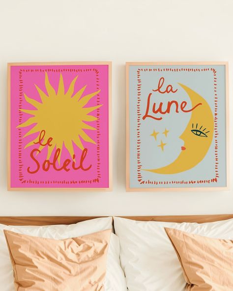 Whilst I don’t want to take *all* the credit, ever since I posted that reel about June needing to be sunny… it’s been sunny 🤷🏻‍♀️ Simple case of cause and effect ☀️ So, today I’m celebrating the return of the sun with the Le Soleil print. It’s available in 3 colours (➡️ to see) and there’s the option to create your own mini gallery wall by adding the matching La Lune moon print too ☀️🌙 #pinkhome #homedecor #dopaminedecor#interiorinspo #gallerywall #happywalls #colourfulinteriors #ukhomes ... Mini Gallery Wall, Sunshine Energy, Moon Vibes, College House Decor, Sun Moon Illustration, Sun Painting, Wedding Congratulations Card, Simple Poster, Moon Illustration