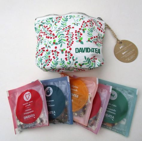 Davids Tea sampler ... Christmas pattern (red berries and holly leaves) zippered pouch containing samples of seasonal teas: Candy Cane Crush, Let It Snow, Alpine Punch, White Cranberry Bark, and Sleigh Ride, 2017, Canada Cranberry Bark, Wishlist 2022, Davids Tea, Christmas Giveaway, Xmas Wishes, Tea Sampler, Christmas Giveaways, Christmas Graphic, Holly Leaves