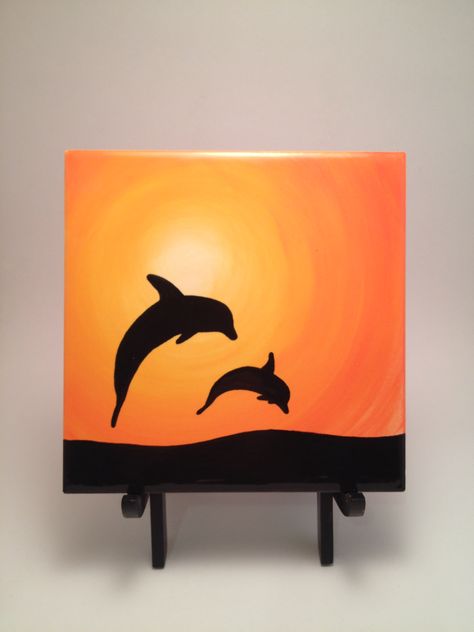 Dolphins Canvas Painting Ideas Dolphins, Simple Dolphin Painting, Dolphin Canvas Painting Easy, Dolphin Sunset Painting, Dolphin Oil Pastel, Dolphin Canvas Painting, Sunset Easy Paintings, Oil Painting Easy Simple, Dolphin Painting Easy