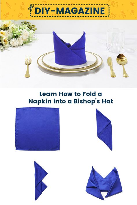 How to Make a Napkin Folding Bishop’s Hat Folding Cloth Napkins Step By Step, Bishops Hat Napkin Fold, Easy Napkin Fold, Bishop Hat Napkin Fold, Restaurant Napkin Folds, Table Napkin Folding With Spoon And Fork, Fish Napkin Fold, Bishop Hat, Bishop Mitre