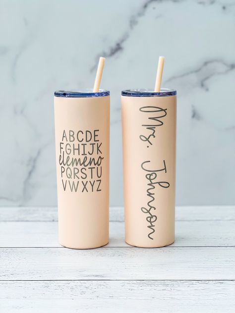 "Treat the special teachers in your life! The skinny tumbler is engraved with a cute design and can be personalized with a name on the back for an additional $5. The insulated tumblers will keep coffee hot & drinks cold for hours at a time.  Each tumbler is laser engraved with the name of your choice and includes a lid and matching straw. You may upgrade to a stainless-steel straw or add a cleaning brush to your order. The tumbler will be engraved in the font shown in the listing pictures. Custo Rachel Clark, Teacher Tumbler, Cleaning Brushes, Engraved Tumbler, Steel Straw, Teacher Appreciation Gift, Stainless Steel Straws, Laser Machine, Tumbler With Straw