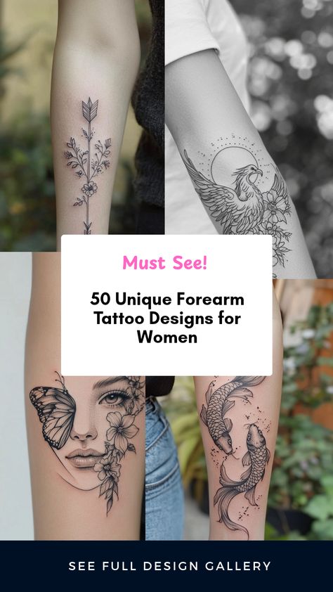 This pin showcases 50 unique forearm tattoo designs for women. It captures a range of styles, from floral motifs to minimalist concepts, using 4 images to inspire your next tattoo adventure. Healing Tattoos For Women Forearm, Vine Forearm Tattoo Women, Womens Tattoo Ideas Unique Beautiful, Top Forearm Tattoo Women, Sleeve Tats For Women, Forearm Tattoo Women Unique, Outer Forearm Tattoo Women Unique, Front Forearm Tattoo Women, Forearm Wrap Around Tattoo