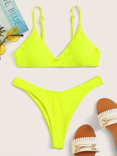 Neon Yellow Outfit, Pretty Summer Tops, Bright Fabrics, Yellow Outfit, Spaghetti Strap Top, Womens Bathing Suits, Strap Top, Beachwear For Women, Strap Tops