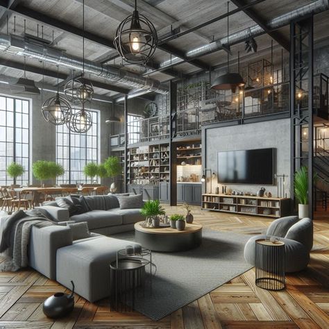 Industrial Modern Living Room Industrial Modern Living Room, Industrial House Design, Industrial Condo, Industrial Minimalist Interior, Urban Modern Interior Design, Industrial Chic Interior, Modern Industrial Living Room, Industrial Living Room Design, Industrial Modern Design