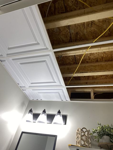 Stunning Suspended Ceiling You Can DIY! - Home With Krissy Shower With Dropped Ceiling, Drop Ceiling Bathroom, Bathroom Drop Ceiling, Dropped Ceiling Lighting, Diy Suspended Ceiling, Dropped Ceiling Ideas, Modern Drop Ceiling Ideas, Drop Ceiling Lighting Ideas, Modern Drop Ceiling