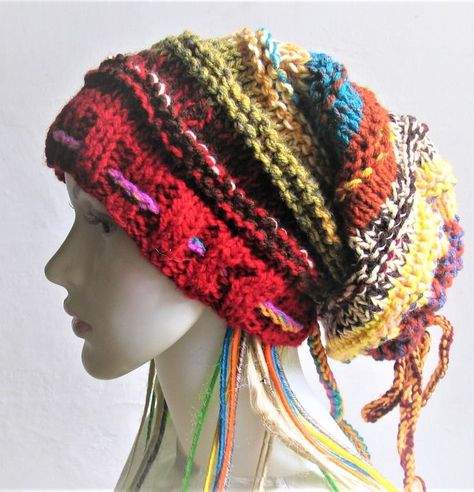 crochet hat pattern free for beginners Dreads Long, Ponytail Hat Pattern, Knitted Slouch Hat, Hippie Hat, Knit Slouchy Hats, Long Dreads, Funky Hats, Hat Patterns Free, Crochet Knit Hat