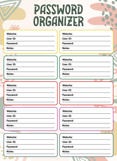 Printable Password Organizer Template Notebook Template Printables, Notepad Template Aesthetic, Password Ideas, Password Template, Family Planner Printables, Password Tracker Printable, Printable Password Tracker, Diy Notebooks, Organization Templates