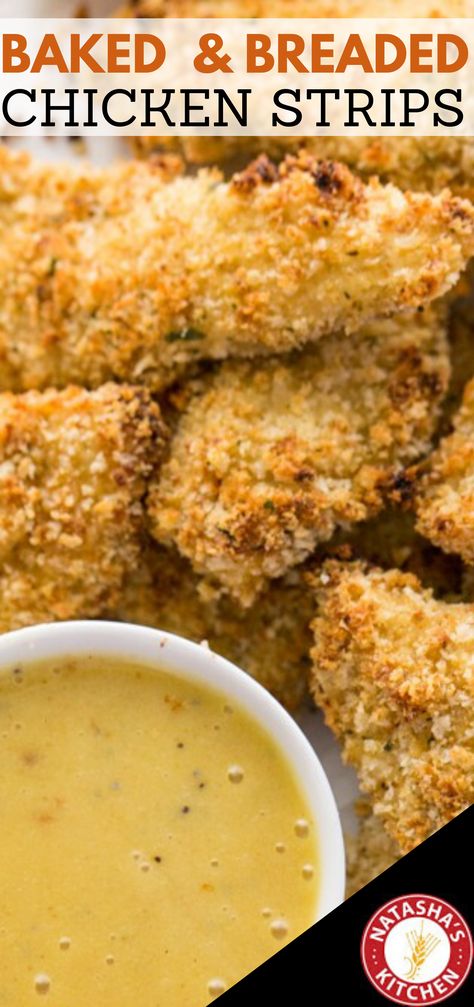 Baked Chicken Strips - these chicken strips are much healthier and tastier than any chicken strips or chicken nuggets you’ll find in the freezer aisle. They’re baked at just the right temperature which gives them that crisp golden crust. #chickenrecipes #chickenstrips #bakedchicken #chicken #dinner #strips Homemade Chicken Strips Baked, Chicken Strip Recipes Baked, Chicken Strips Baked, Chicken Nuggets Baked, Chicken Strips Recipe, Homemade Chicken Strips, Natasha Kitchen, Chicken Breast Oven Recipes, Breaded Chicken Strips