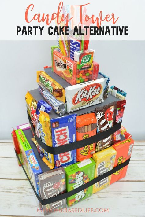 Who doesn't love candy? You can make this Candy Tower in place of a pinata. Everyone gets a chance to get candy and it's no leftovers. Don't worry busy moms, this is going to make your life a whole lot easier. #cakealternitive #birthday #candy #diy | Birthday Party Cake Ideas | Cake Ideas | Cake Alternatives | DIY | Candy |  via @myhomebasedlife Alternative Birthday Cake Ideas, Candy Cake Ideas Birthday, Candy Bar Birthday Cake, Candy Corsage, Diy Candy Cake, Candy Cake Diy, Birthday Party Cake Ideas, Candy Tower, Party Cake Ideas