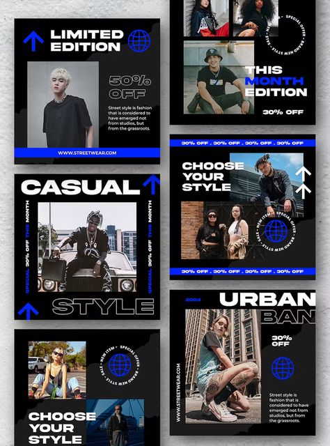 Urban Fashion Instagram Post Templates PSD Instagram Feed Streetwear, Street Wear Instagram Feed, Urban Instagram Feed, Streetwear Instagram Feed, Industrial Social Media Post, Ig Story Design, Urban Graphic Design, Ig Grid, Fashion Instagram Post