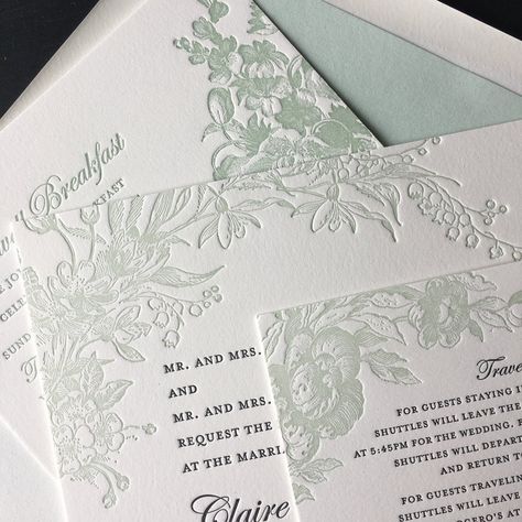 Sesame Letterpress, Wedding Card Floral, Green Spring Wedding, Chinoiserie Wedding, Letterpress Design, Wedding Journal, Indian Wedding Cards, Green Wedding Invitations, Pocket Wedding Invitations