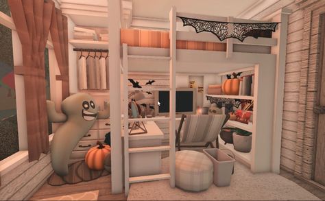 Small Pastel Bloxburg Houses, Roblox Bloxburg House Ideas Halloween, Bloxburg Autumn Interior Ideas, Cute Fall Bloxburg Bedrooms, Aesthetic Fall Bloxburg House Exterior, Fall Inspired Bloxburg House, Fall Bedroom Decor Bloxburg, Fall Cottage Bloxburg House, Bloxburg Bedroom Ideas Aesthetic Fall