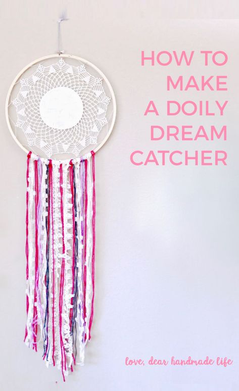 How to make a DIY doily dream catcher from Dear Handmade Life Doilie Dreamcatcher Diy, Dream Catcher Weave Patterns Diy, Small Crochet Dream Catcher Pattern Free, How To Weave Dream Catcher Diy Tutorial, Doily Projects, Doily Ideas, Camping Diy Projects, Small Crochet Dreamcatcher, Diy Doily