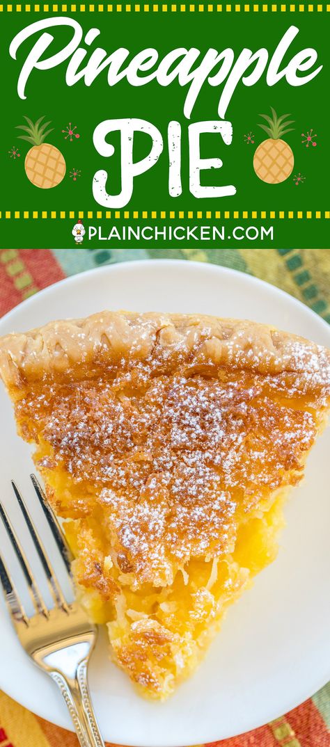 Pineapple Pie - Pineapple Coconut Chess Pie - so easy and it tastes fantastic!! Great for parties and potlucks! Crushed pineapple, coconut, butter, cornmeal, flour, vanilla, sugar and eggs. Can serve warm or cold with whipped cream or vanilla ice cream. There are never any leftovers!!! SO good! #pie #dessert #pineapple #dessertrecipe Pineapple Sour Cream Pie, Pineapple Chess Pie, Rice Pie With Pineapple, Ricotta Pie With Pineapple, Pineapple Spectacular Pie, Pineapple Pie, Chess Pie, Pineapple Recipes, Pineapple Coconut