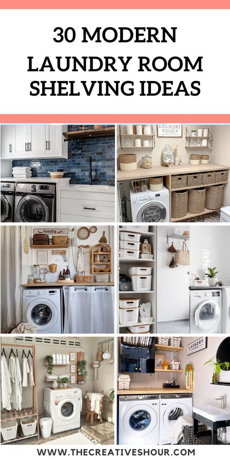 30 Functional Yet Stylish Laundry Room Shelving Ideas Laundry Room Shelving Organization, Laundry Shelf Ideas, Laundry Room Open Shelves, Laundry Room With Open Shelving, Laundry Room/pantry, Farmhouse Laundry Room Shelves, Laundry Closet Shelves, Laundry Shelving Ideas, Shelf In Laundry Room