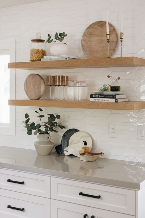 Kitchen Accent Shelves, Neutral Kitchen Shelf Decor, 2 Floating Shelves Kitchen, Kitchen Open Shelving Decor Modern, Floating Shelf Styling Kitchen, Bathroom Open Shelves Decor, Shelf’s In Kitchen, Open Shelving In The Kitchen Minimalist, Kitchen Shelves Styling Ideas