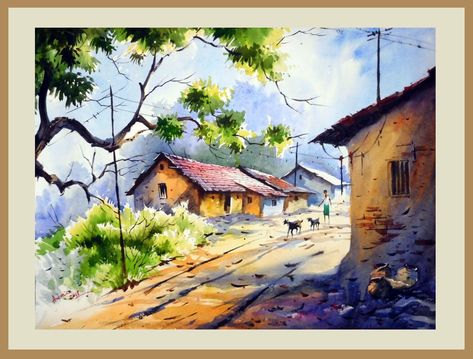 Village Scene Painting, Watercolor Scenery Painting, Watercolor Scenery, Scene Painting, Watercolor Art Landscape, Watercolour Landscape, Watercolor Architecture, Village Scene, Scenery Paintings