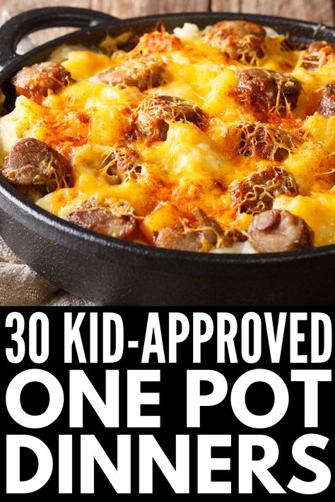 30 Easy Dinners for Kids | If you’re a busy mom with kids who are picky eaters and you’re looking for tips to make healthy meals fast, these quick, simple, and cheap ideas are for you! We’ve curated 30 days of one pot meals for kids, including chicken and ground beef dishes, comfort foods like macaroni and cheese, spaghetti, and pizza, rice and pasta ideas, and more. #onepotmeals #onepotrecipes #backtoschool #easydinnersforkids Easy Meals For Four People, Health Dinner For Picky Eaters, Easy Healthy Meals For Picky Adults, Easy Cheap Dinner Recipes For Picky Eaters, Quick And Easy Meals For Dinner Busy Mom, Easy Single Mom Meals, Quick Weeknight Meals Families, Easy One Dish Meals Simple, Fast Easy Dinners For Two