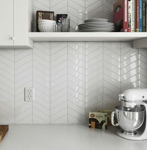 Chevron Ceramic - White 2" x 9" Ceramic Wall Tile $3.29 per square foot (Gloss Finish) Tiles Splashback, White Kitchen Splashback, Kitchen Splashback Tiles, Chevron Tile, White Ceramic Tiles, Herringbone Backsplash, Kitchen Backsplash Designs, Splashback Tiles, Timeless Kitchen