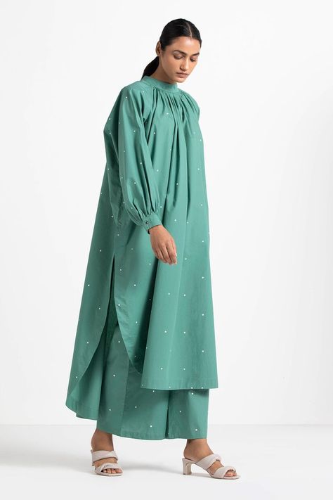 Loose Kurta For Women, Sarara Pattern, Casual Bridal Dress, Mineral Green, Kurta Style, Pakistani Fashion Casual, Polka Dot Pants, Pakistani Dresses Casual, Linen Fashion