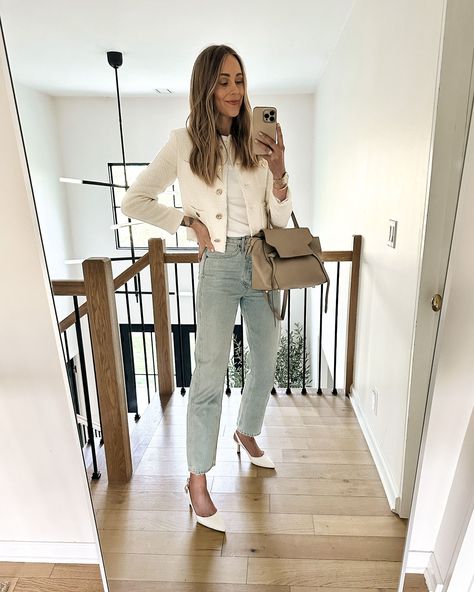 White Tweed Jacket Outfit, Street Style Leather Jacket, Jeans Outfit Night Out, Jeans Outfit Dressy, Jeans Outfits Winter, White Heels Outfit, Work Blazer Outfit, Tweed Jacket Outfit, Jackets Design