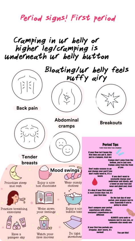 A first period is where there's blood in ur underwear here are some more signs that I didn't add fautige where ur tired all the time constipation is where it's hard to poop and u need to cuz ur belly hurts First Period Signs, First Period Tips, Period Signs, Period Tips, Period Hacks, Leg Cramps, Period Cramps, First Period, Girl Tips