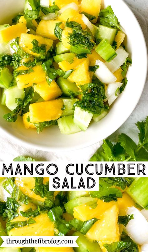 labelled mango cucumber salad in two white bowls garnished with herbs. Mango Cucumber Salad, Salad Recipes Healthy Lunch, Thanksgiving Salad, Fibro Fog, Aip Paleo Recipes, Low Histamine, Holiday Dishes, Bbq Food, Fennel Salad