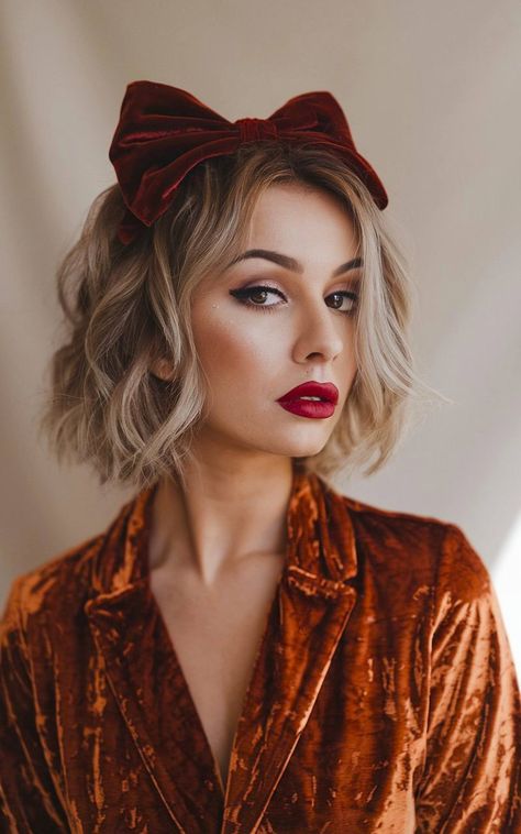 Short wavy hairstyle with a red velvet bow, ideal for a festive Christmas look. Christmas Headband Hairstyles, Christmas Party Short Hairstyles, Short Bob Party Hairstyles, Vintage Christmas Hair, Hair Bow Short Hair, Hairstyles With One Bow, Short Hairstyles With Bows, Short Hair Christmas Hairstyles, Short Holiday Hairstyles