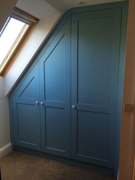 Sloped Wardrobe inspiration Angled Wardrobe Ideas, Blue Attic Bedroom, Staircase Wardrobe, Loft Conversion Wardrobes, Slanted Ceiling Bedroom, Country Cottage Bedroom, Attic Bedroom Storage, Bedroom Built Ins, Fitted Wardrobe