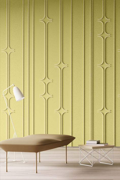 Acoustic Interior Design, Minimal Wall Panelling, Interior Design Feature Wall, Groove Pattern On Wall, Wall Pannel Ideas, Mexico Night, Panelling Ideas, Foyer Wall Decor, Fabric Wall Panels