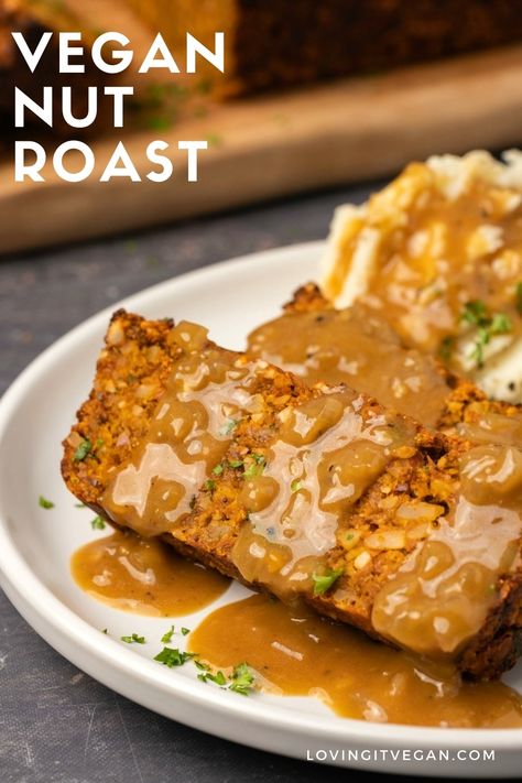 This vegan nut roast is perfect for a special occasion and makes the ideal main course. It's packed with nuts, veggies and plenty of flavor. | lovingitvegan.com Vegan Nut Roast, Vegan Lasagna Recipe, Vegan Scalloped Potatoes, Nut Roast, Vegan Mushroom Gravy, Vegan Pot Pies, Nut Loaf, Vegan Meatloaf, Vegan Green Bean Casserole